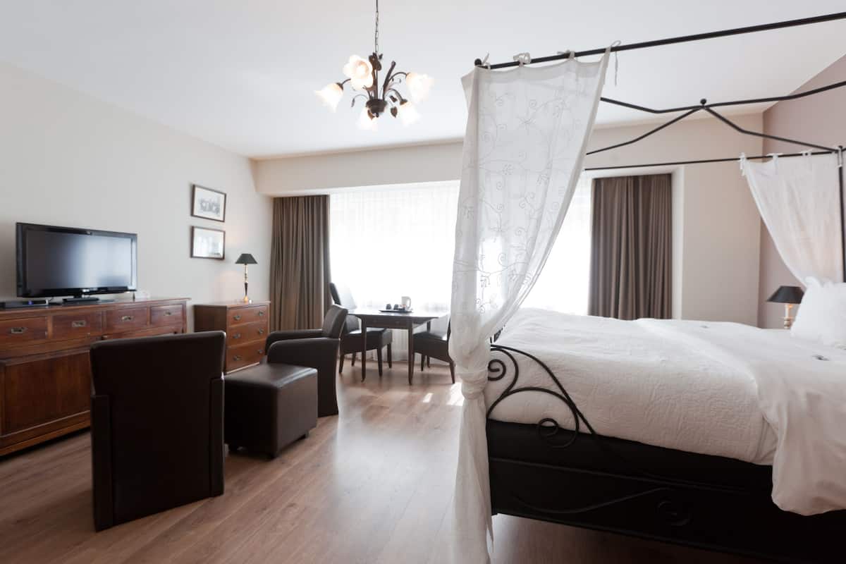 A hotel room with a bed, a TV, a desk, and a chair.
