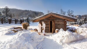 A rustic log cabin with a wooden door and a snow-covered roof, surrounded by a snowy landscape and trees.