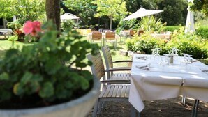 An outdoor dining area with tables set for a meal, surrounded by greenery and trees. - Sole e Monti (Quenza)