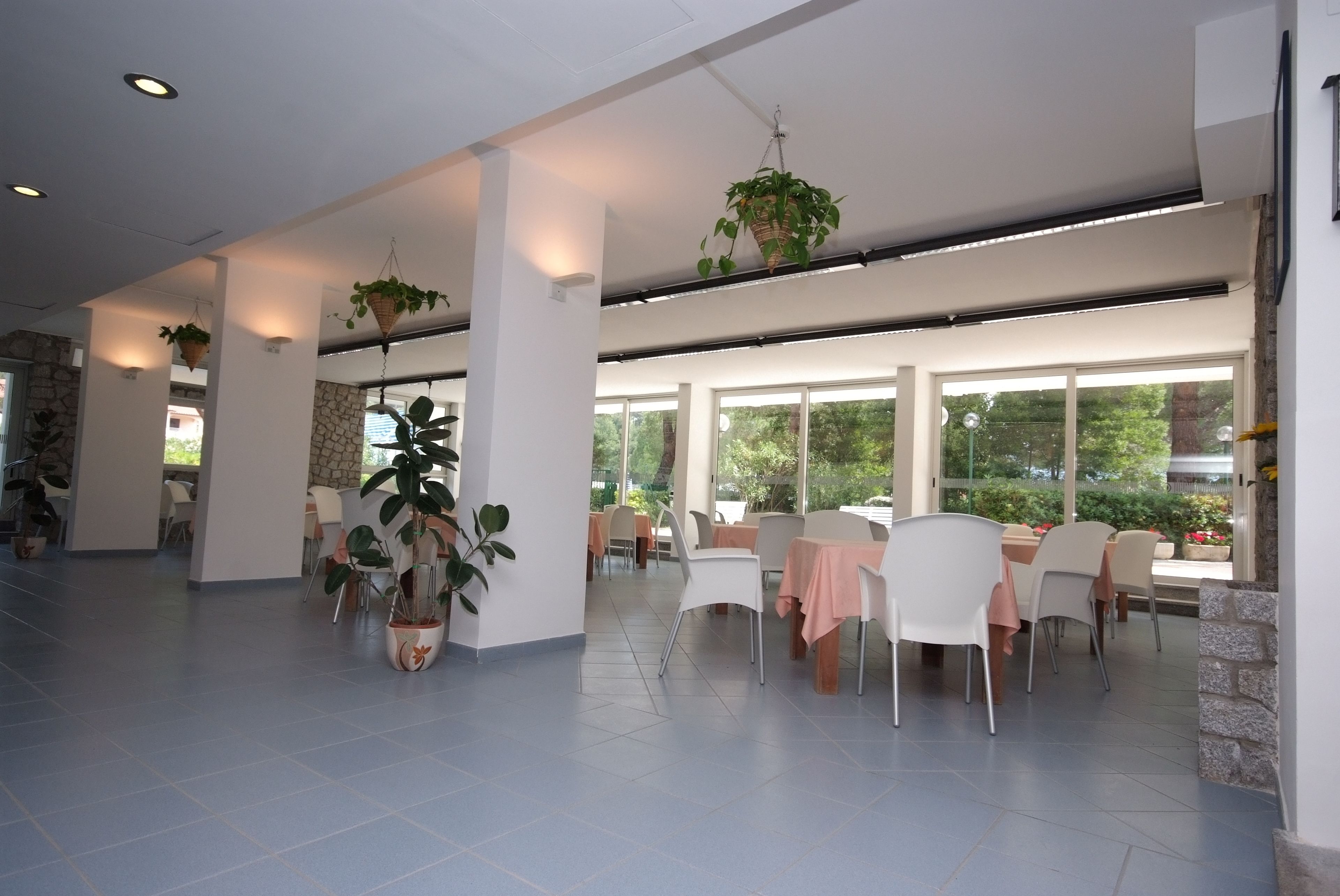 A spacious indoor area with tables and chairs, large windows, and hanging plants.