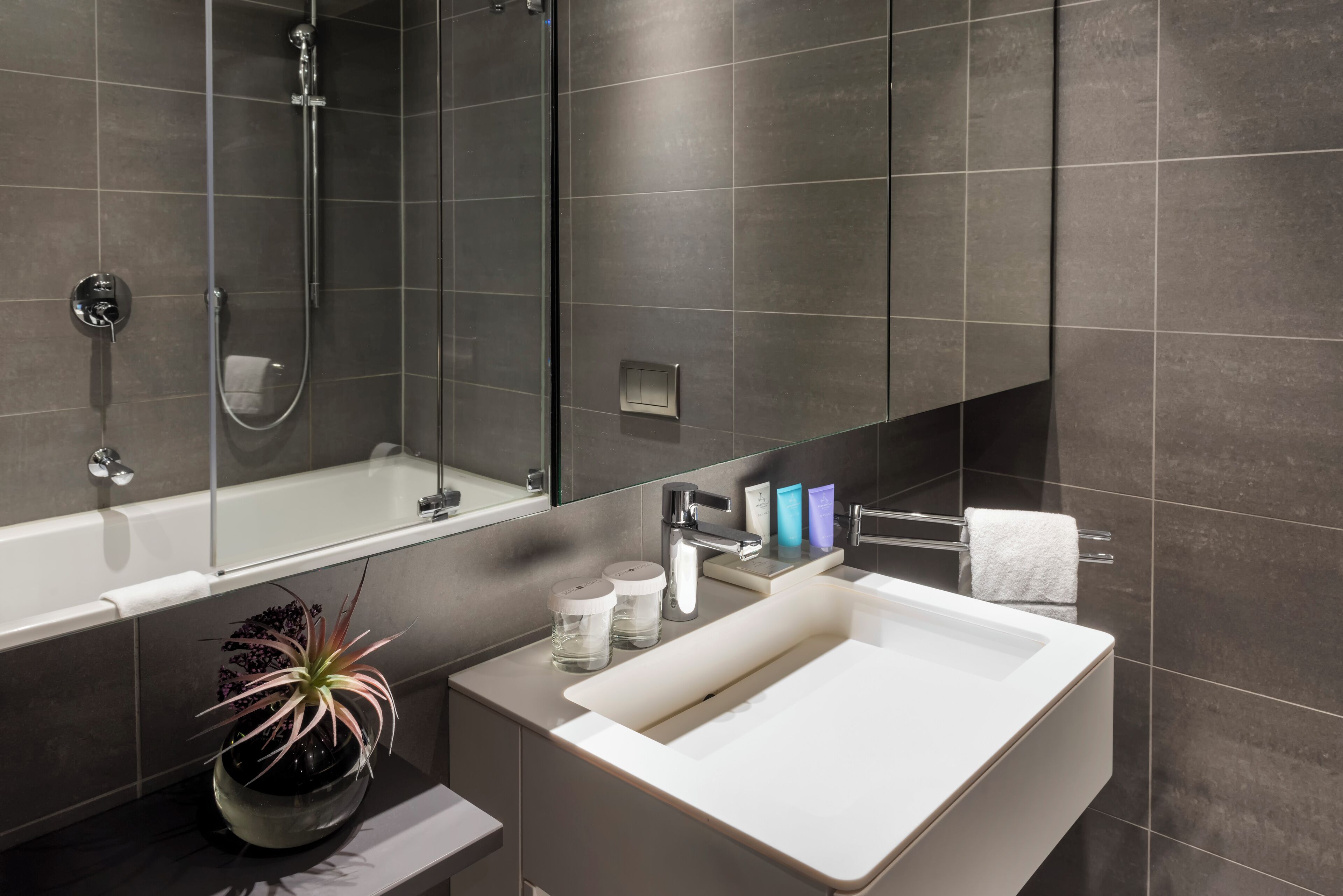 A modern bathroom with a bathtub, a large mirror, a sink, and a potted plant.