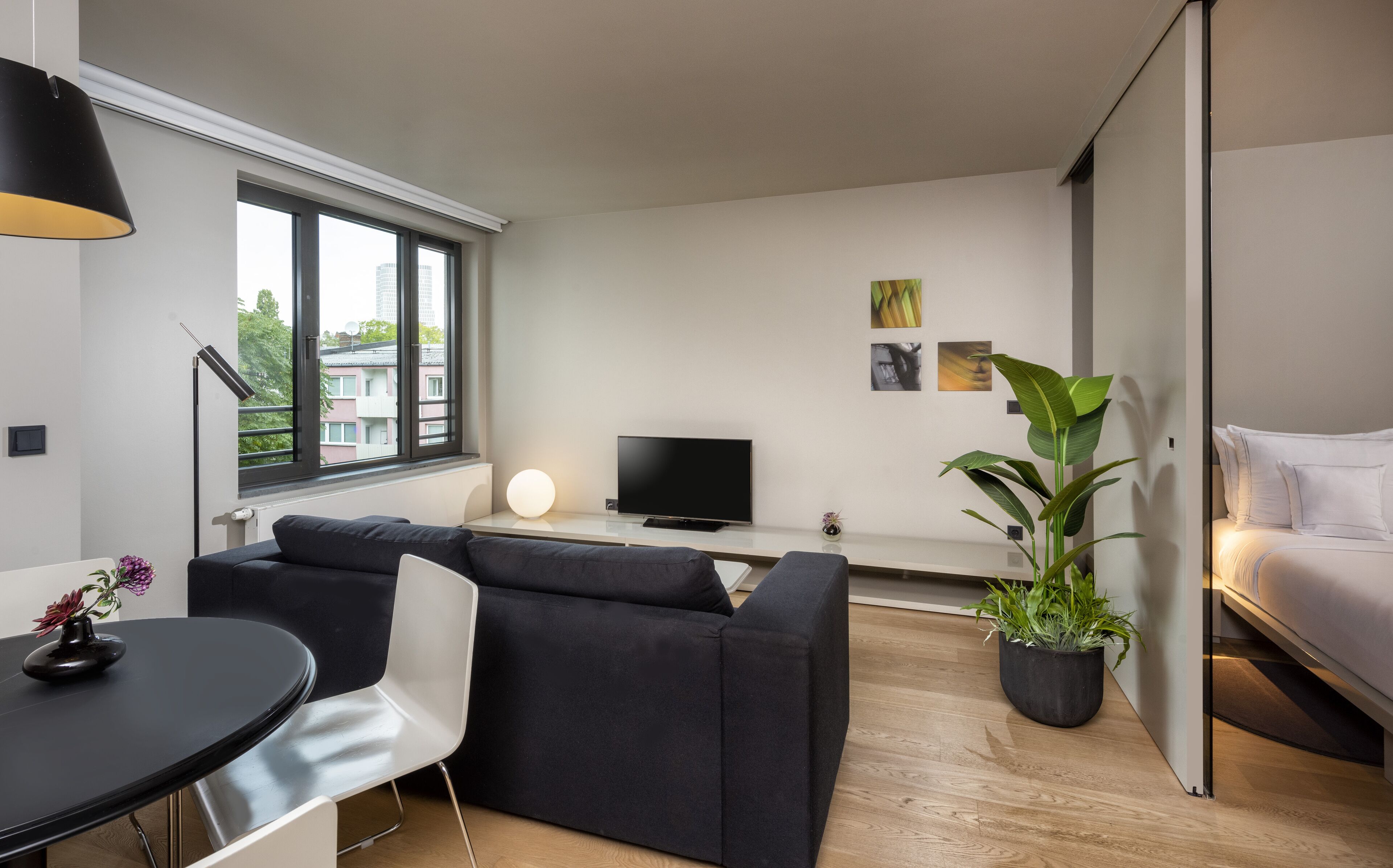 Una sala de estar moderna con un sofá negro, una mesa de comedor con una silla, un televisor sobre un mueble bajo y una planta grande en maceta.
