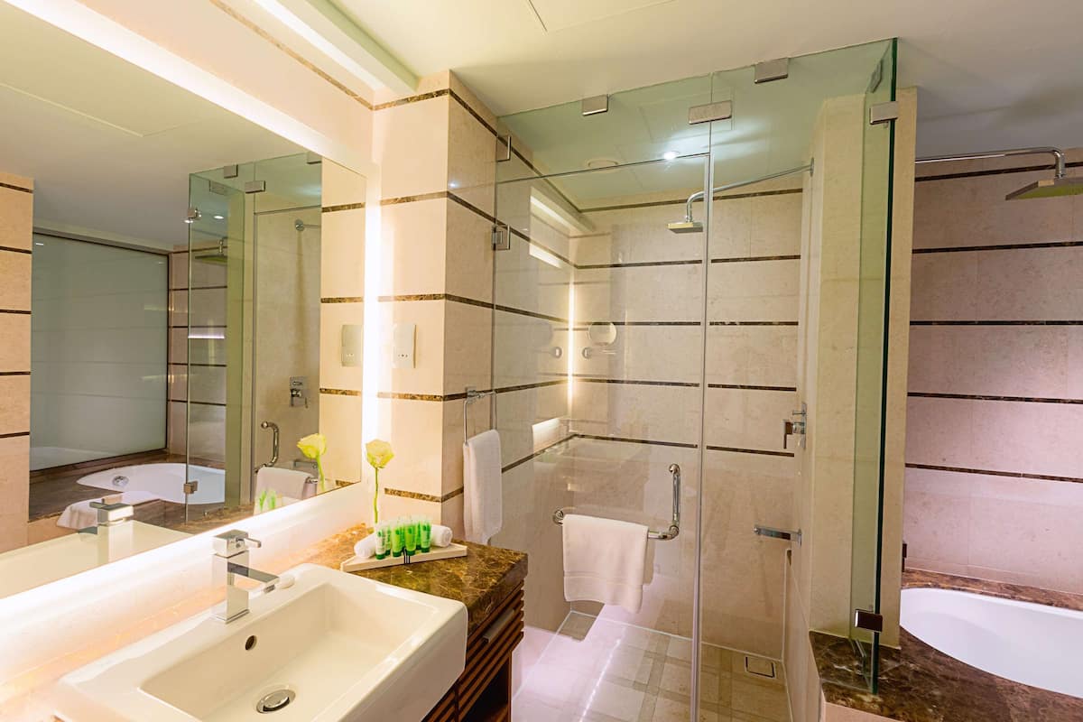 combined shower/bathtub, deep-soaking bathtub, rainfall showerhead