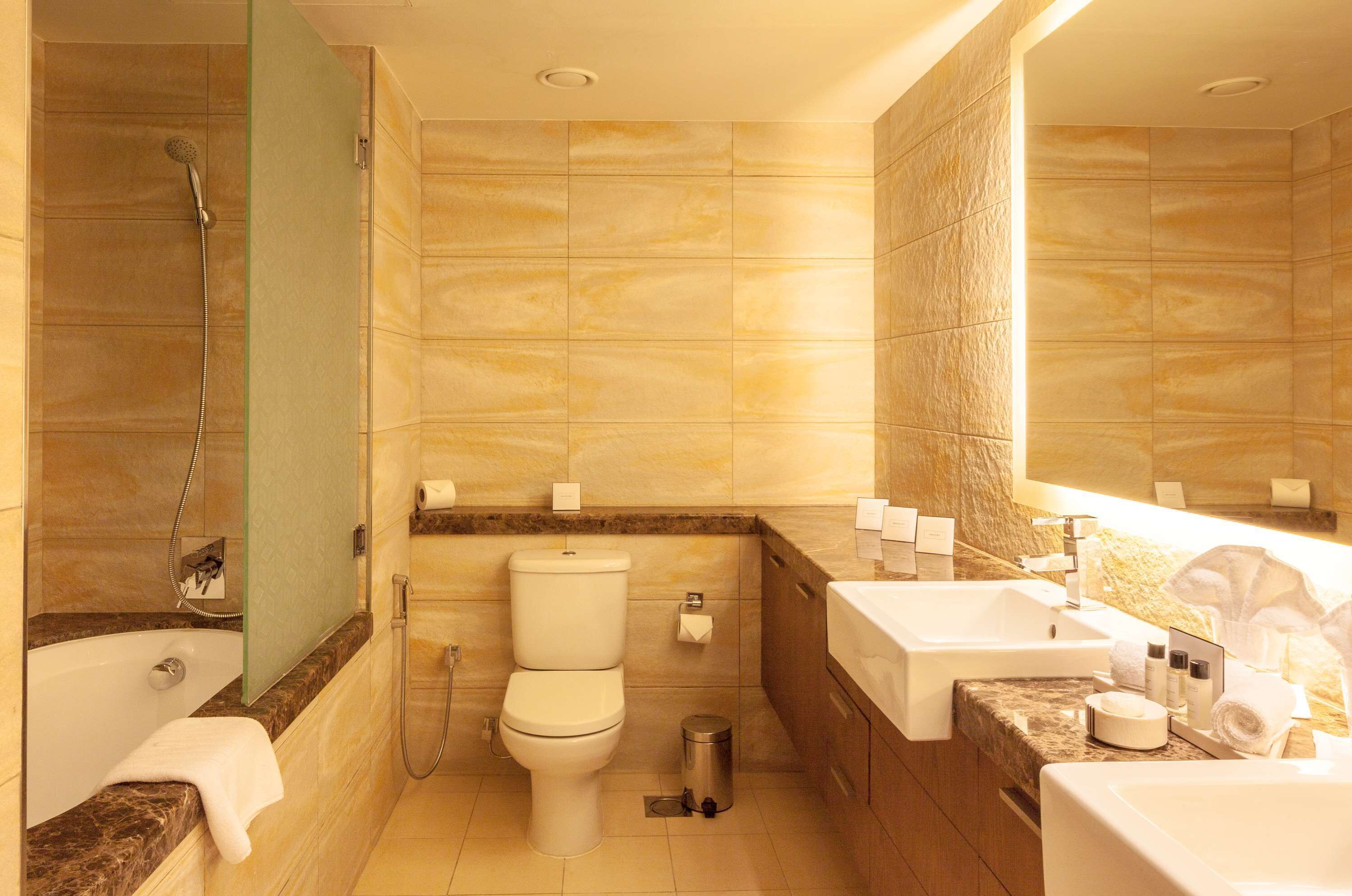 combined shower/bathtub, deep-soaking bathtub, rainfall showerhead