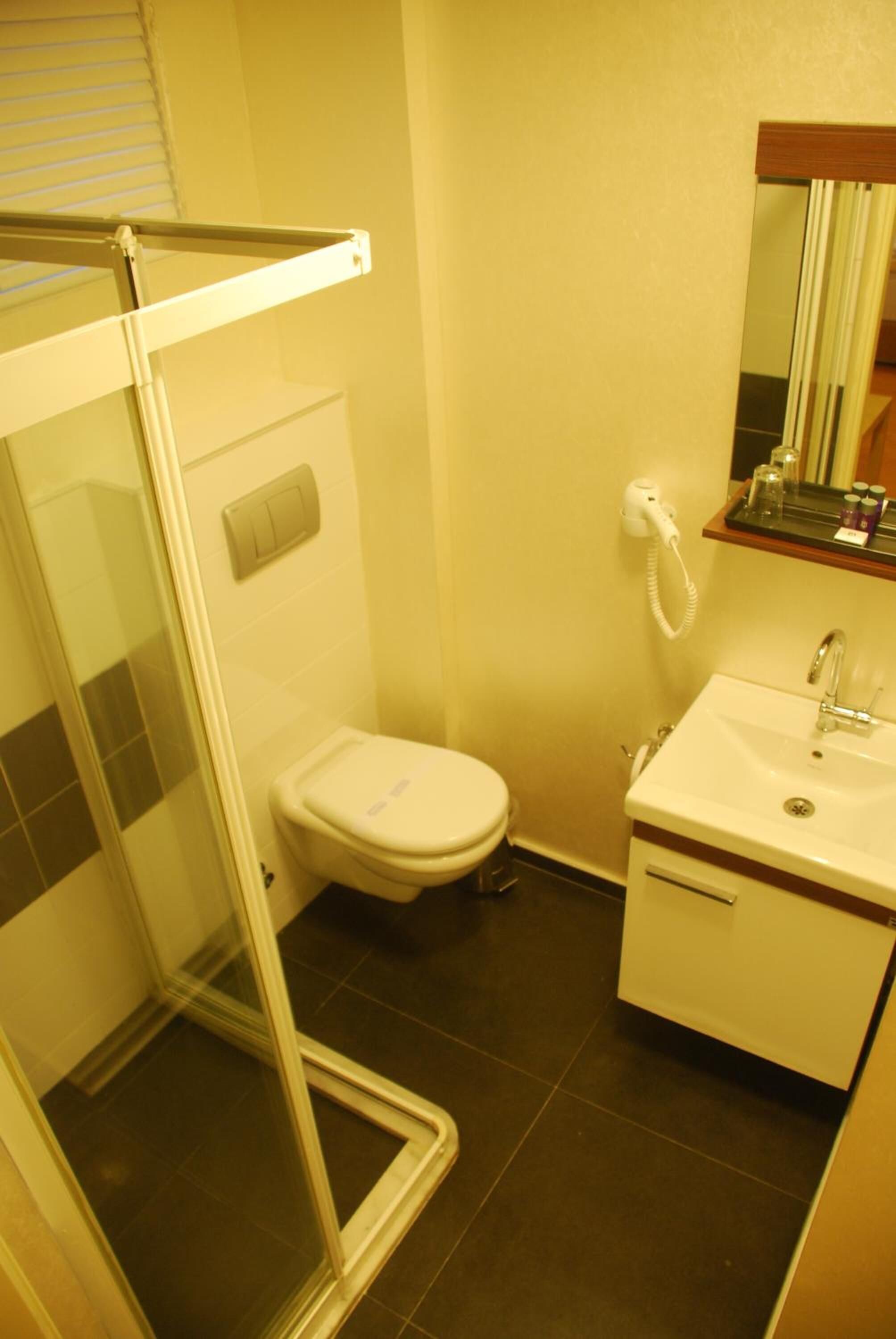 A bathroom with a glass shower enclosure, a toilet, and a sink with a mirror above it.