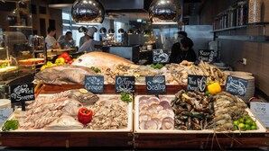 A seafood display with various types of fish and shellfish, including Red Snapper, Grouper, Octopus, Scallop, Thai Mussel, and River Prawn.