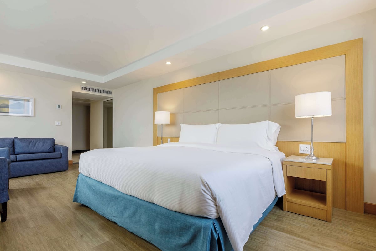 Ein Hotelzimmer mit einem großen Bett, zwei Nachttischlampen, einem Holznachttisch, einem blauen Sofa und einem Holzboden.