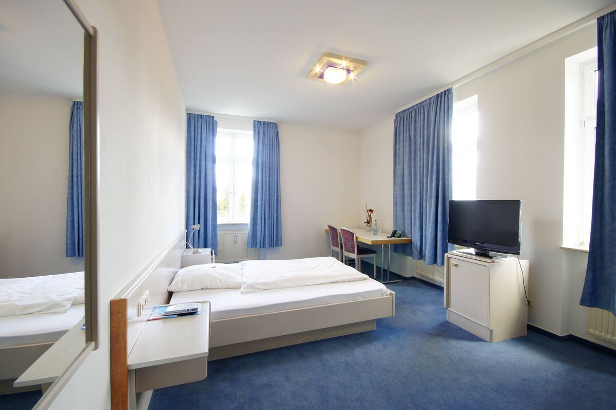 A hotel room with a bed, a desk, a television, and a mirror.