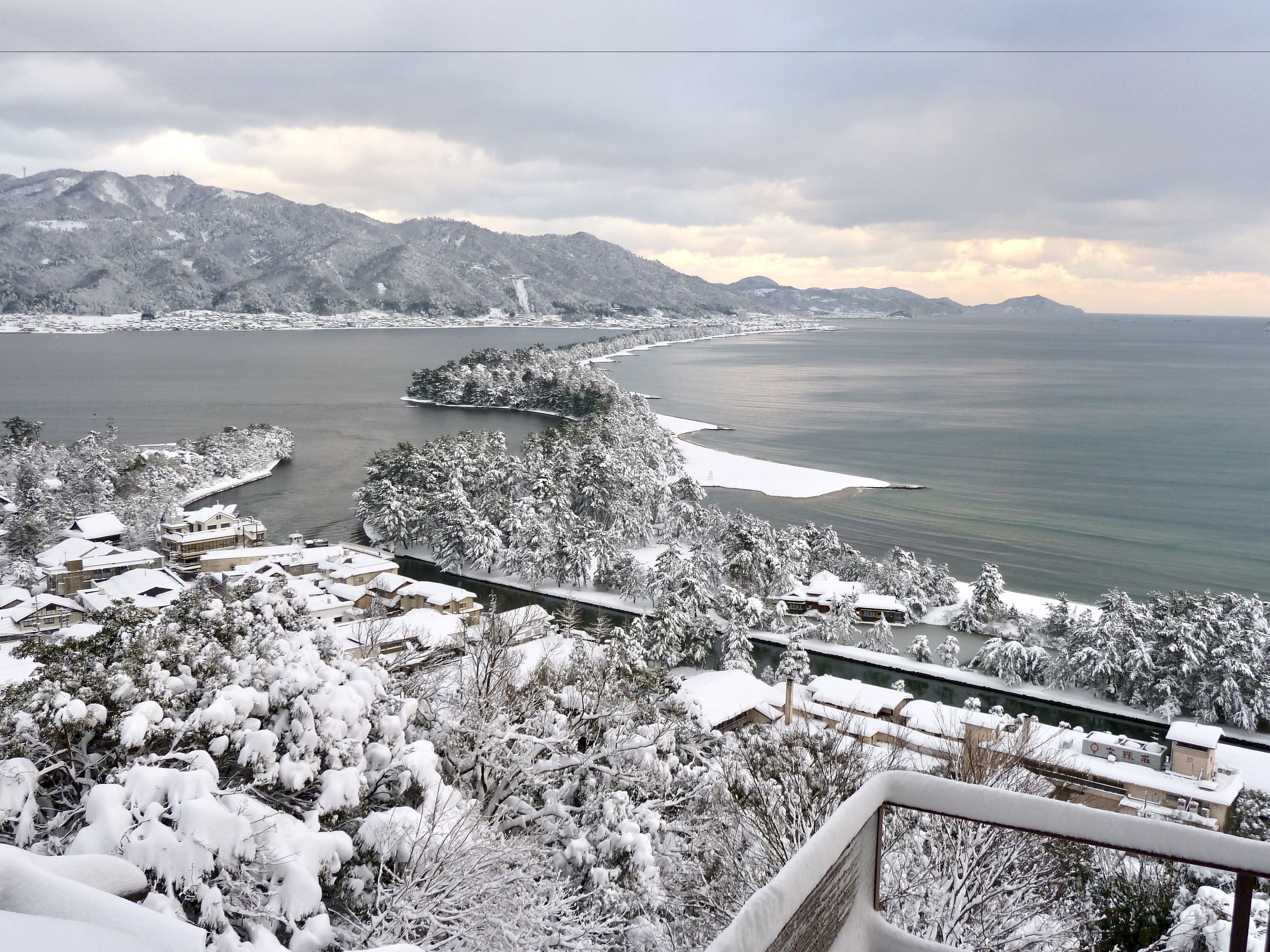 A panoramic view of a coastal area with snow-covered trees and buildings, a clear sky, and distant mountains.