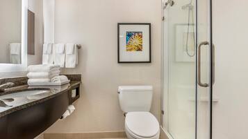 Chambre, 1 très grand lit | Douche de la salle de bain