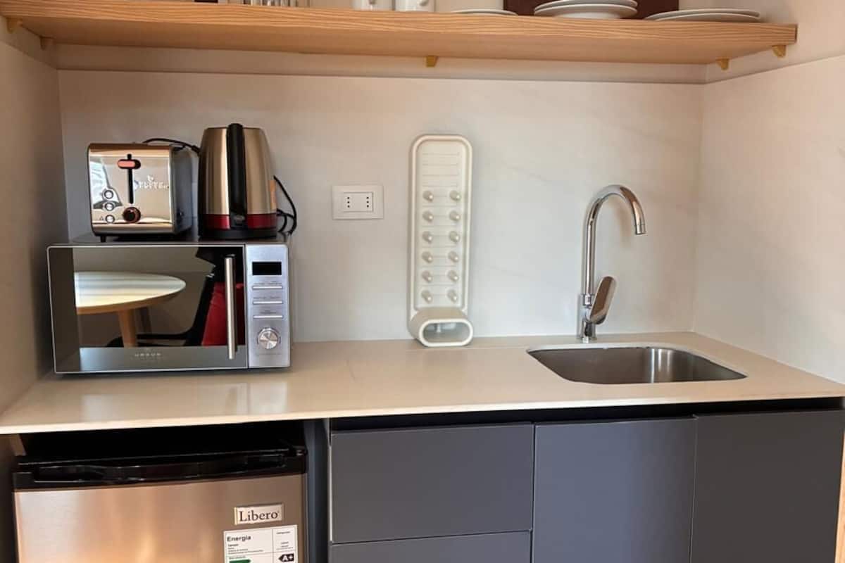 Mini-Kühlschrank, Mikrowelle, Herdplatte, Kochgeschirr/Geschirr/Besteck