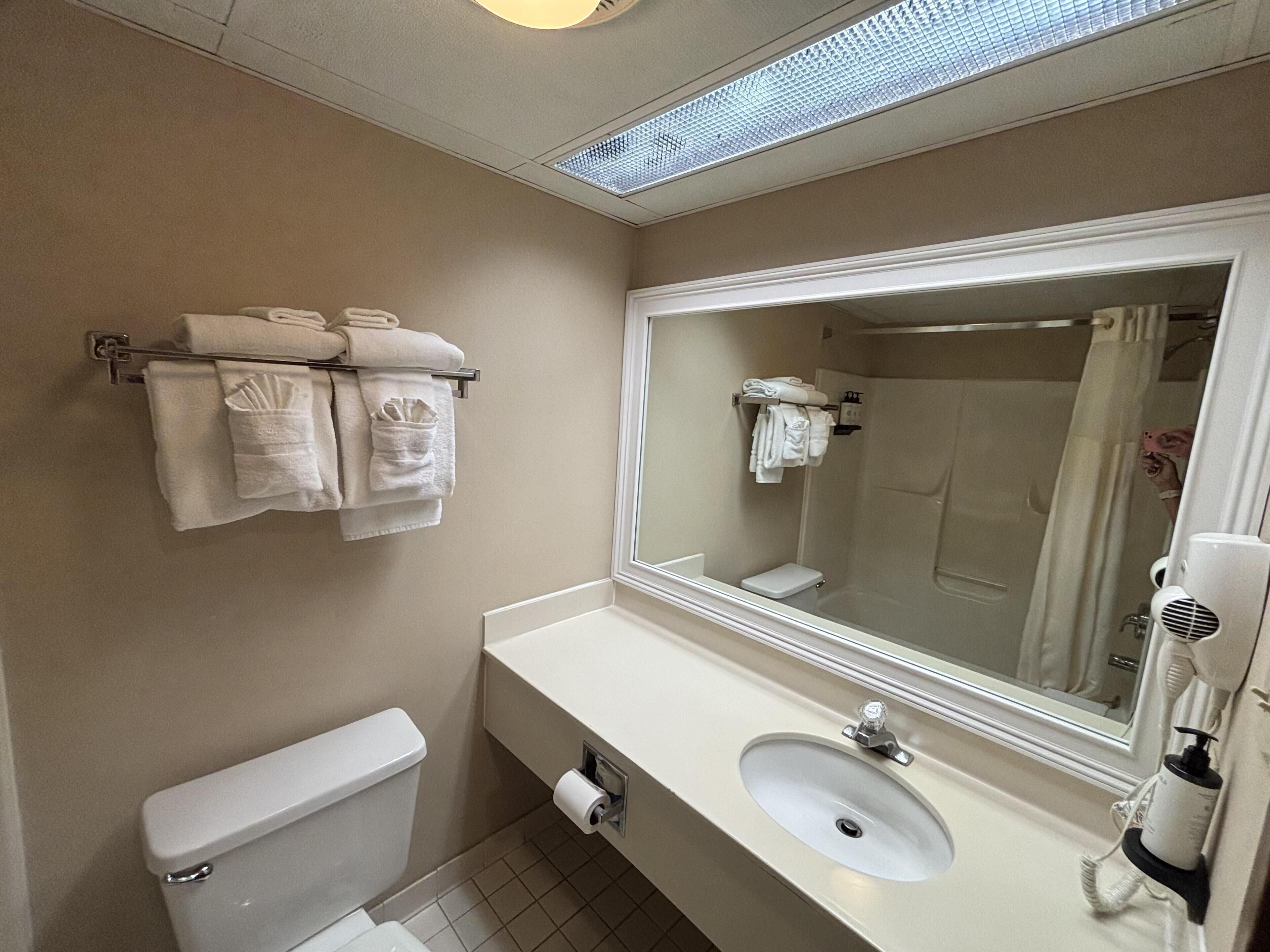 Een badkamer met toilet, wastafel en spiegel. Handdoeken hangen aan een rek.