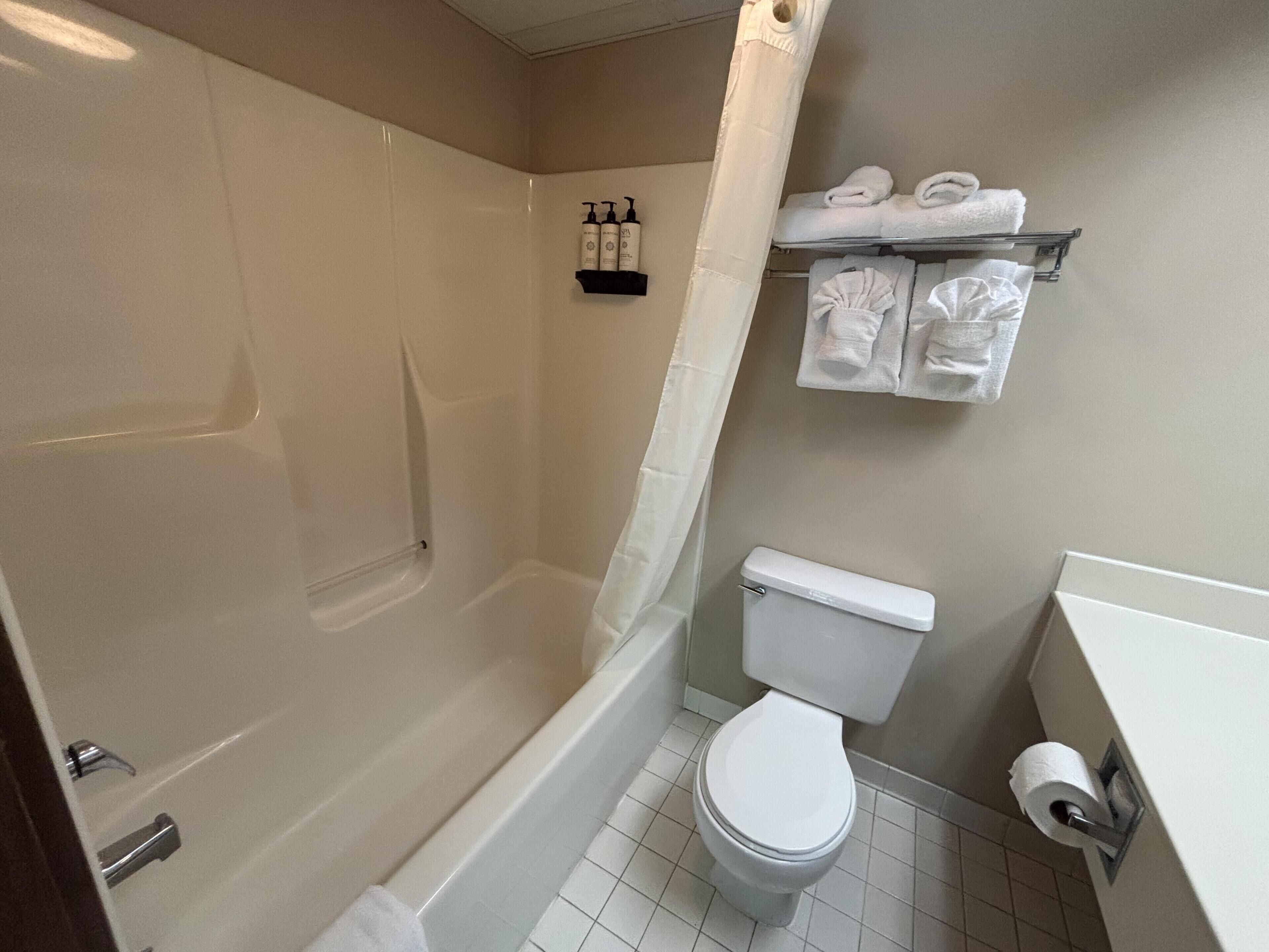 A bathroom with a bathtub, toilet, and a shelf with toiletries.