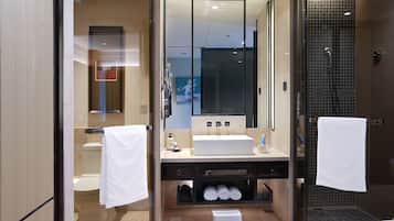 A modern bathroom with a glass partition, a sink, a mirror, a shower, and a toilet.
