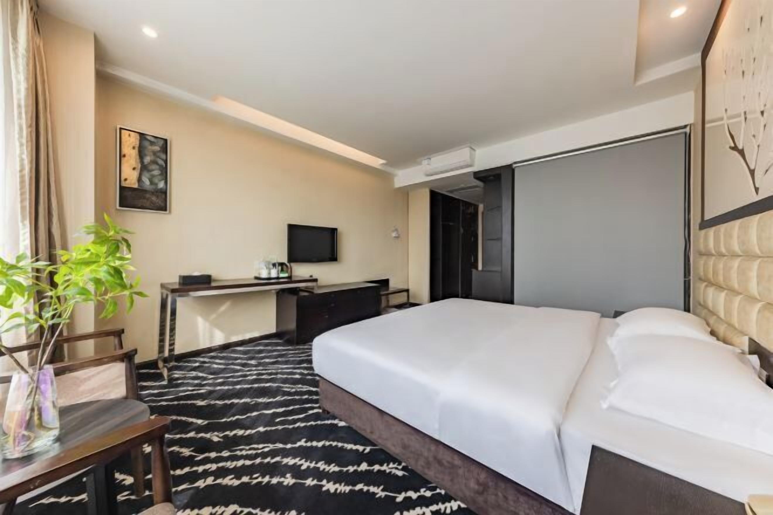 Une chambre d’hôtel avec un grand lit, un bureau, une chaise, une télévision et une plante.