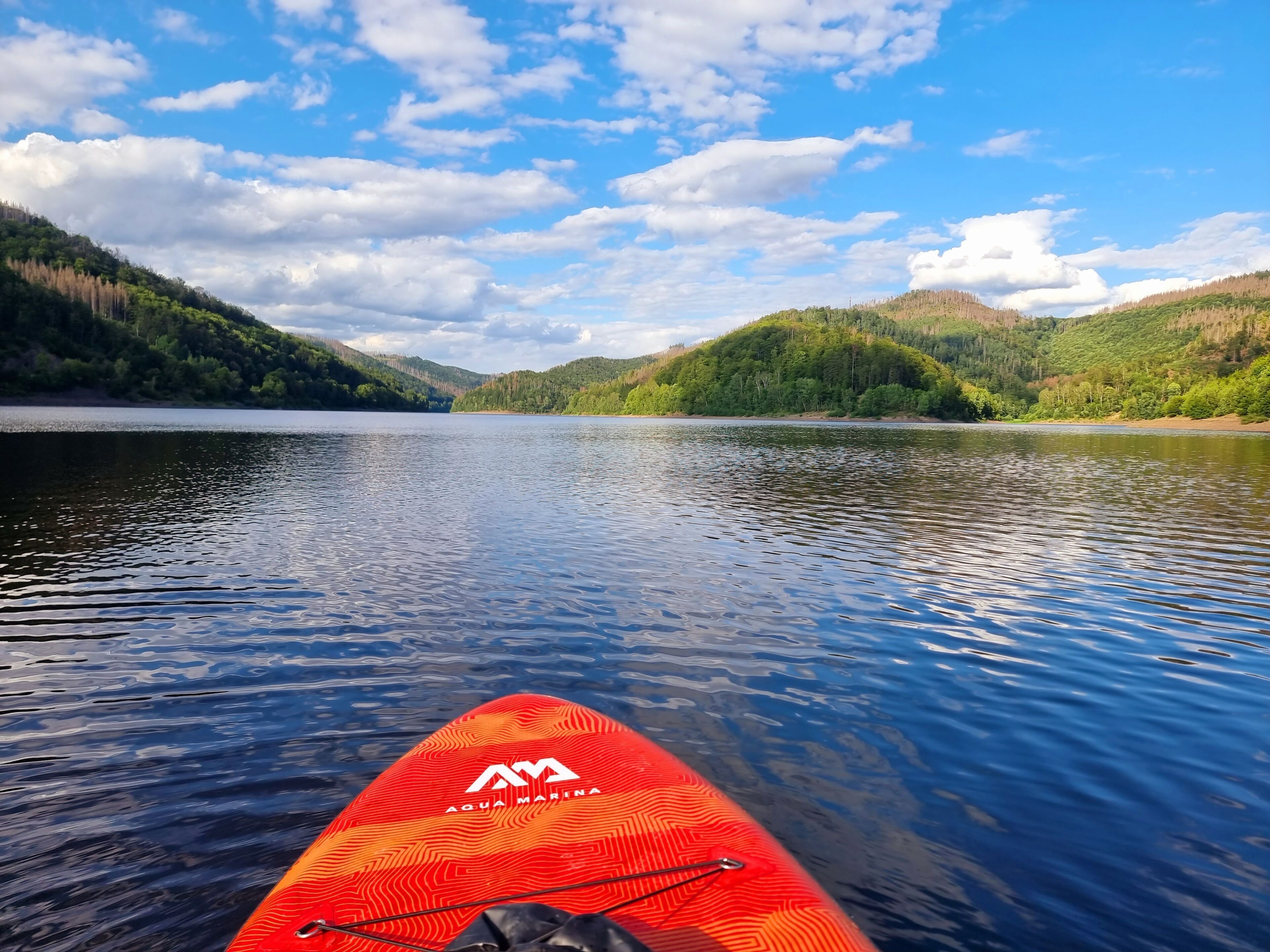 A kayak on calm water with a forested landscape in the background.