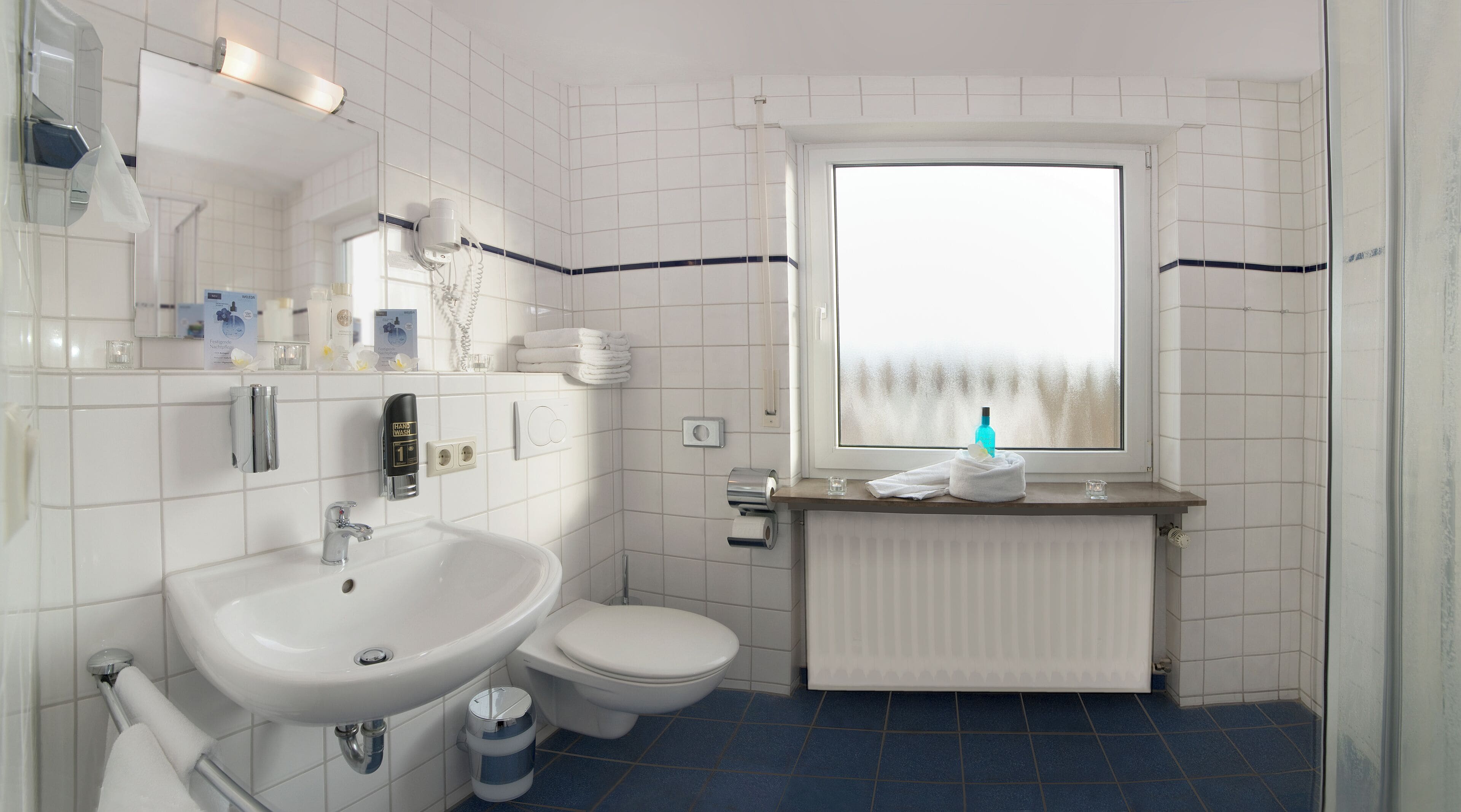 Desk, laptop workspace, blackout curtains, iron/ironing board