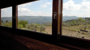 Quarto com grandes janelas oferecendo vista de uma paisagem ondulada com árvores e vinhedos.