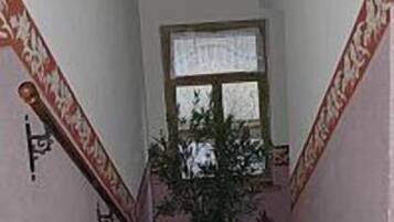 Una escalera estrecha con barandillas a ambos lados, que conduce a un rellano con una ventana y una planta en maceta.