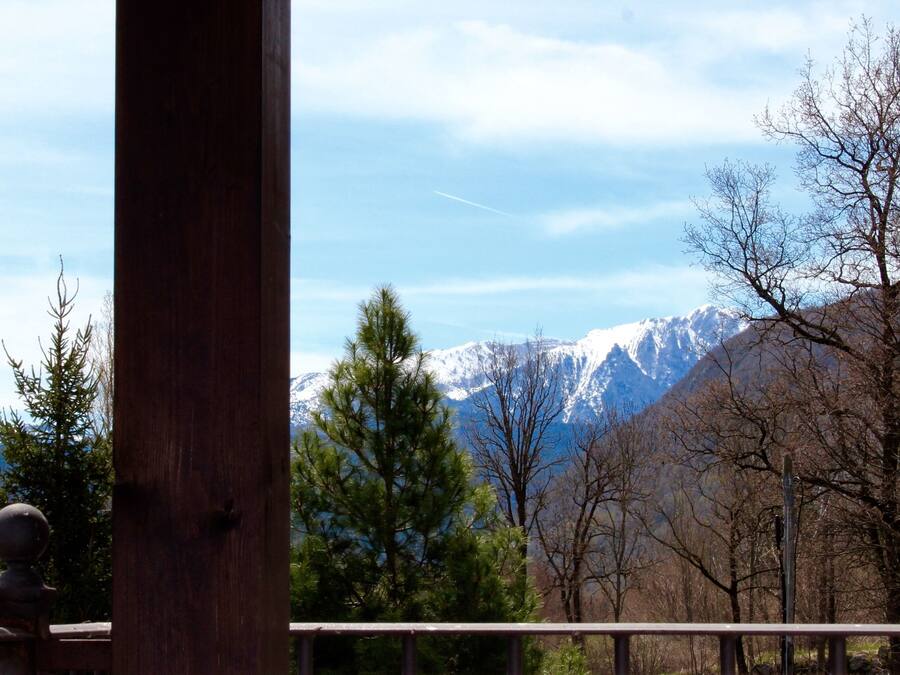 A mountain landscape with snow-capped peaks, a clear sky, and leafless trees.