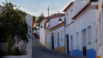 Una estrecha calle empedrada flanqueada por edificios blancos con detalles azules y techos de tejas rojas.
