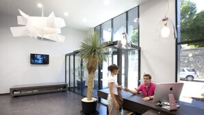 Un interior moderno con un mostrador de recepción, una planta grande en maceta y una pantalla de televisión.