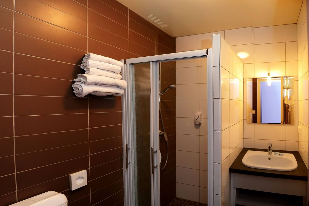 combined shower/bathtub, hair dryer, towels