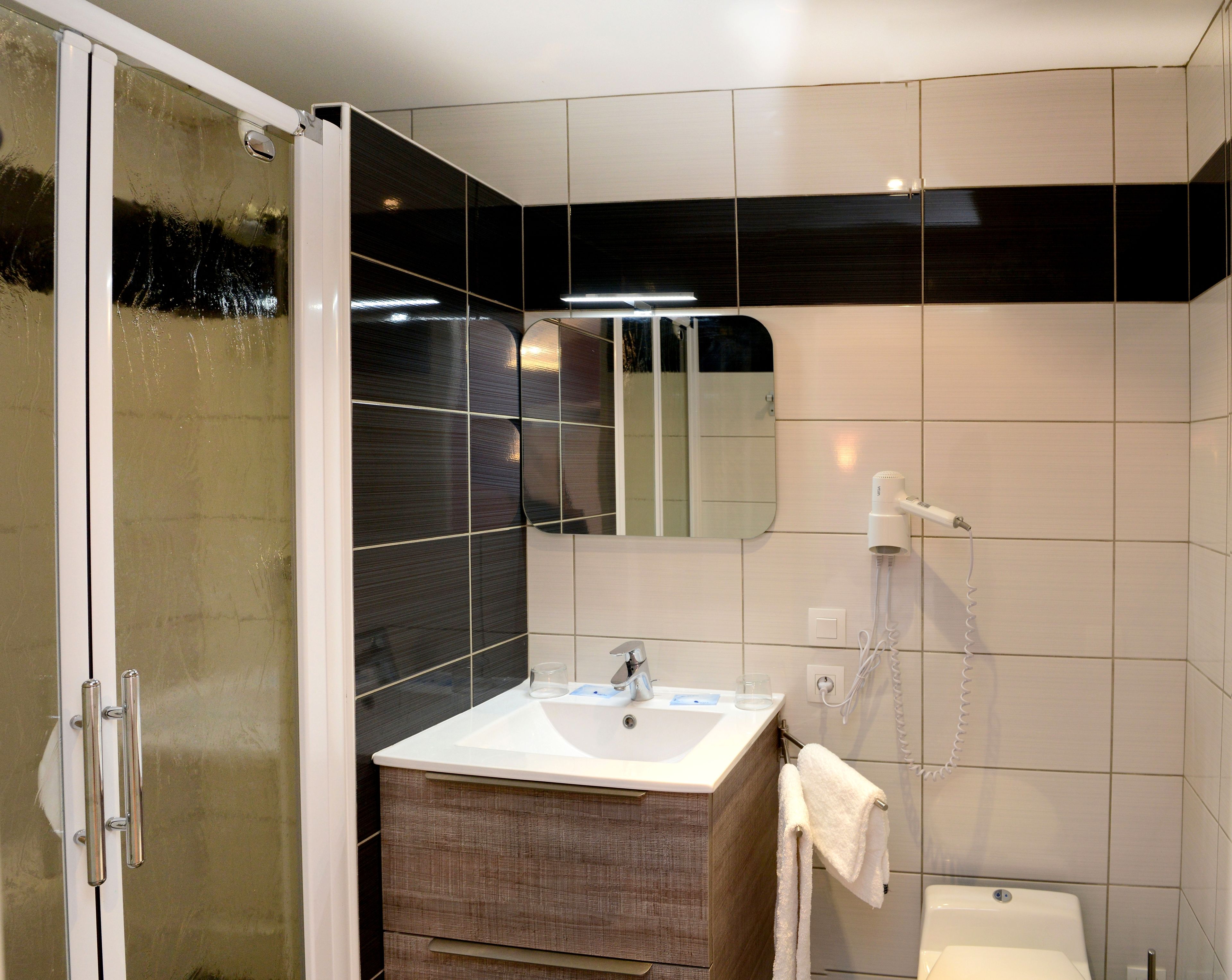 combined shower/bathtub, hair dryer, towels