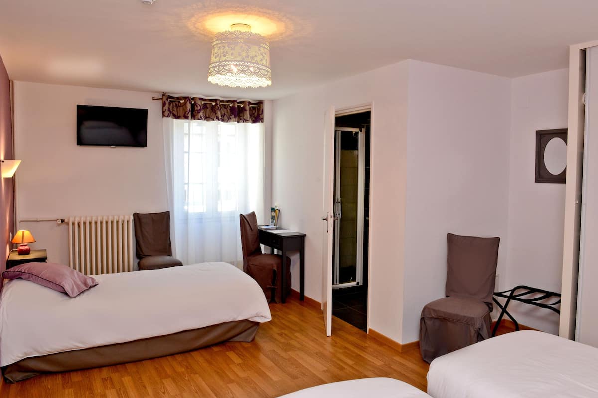 A hotel room with two beds, a desk, a chair, a radiator, and a television.