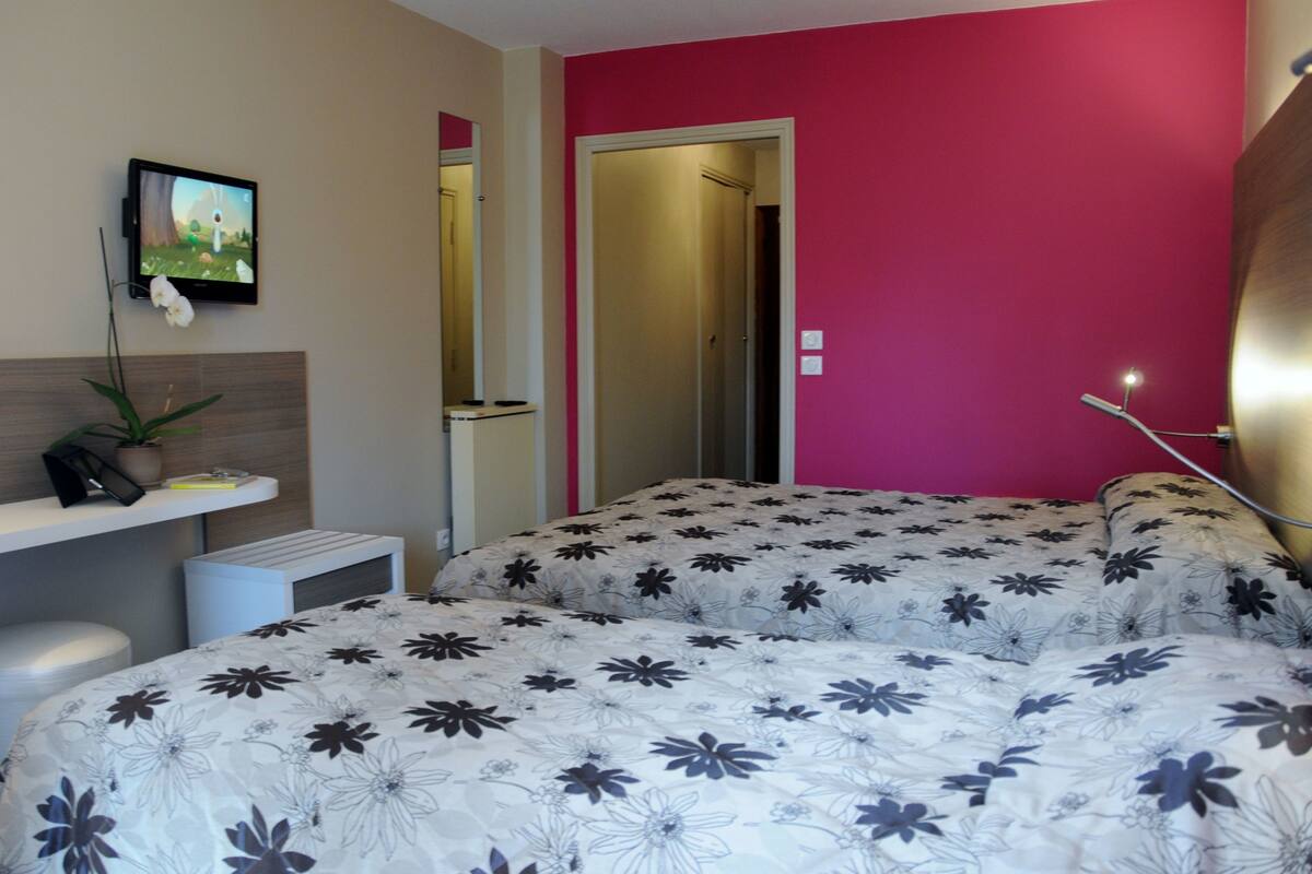 A bedroom with two beds, a TV, a plant, and a mirror.