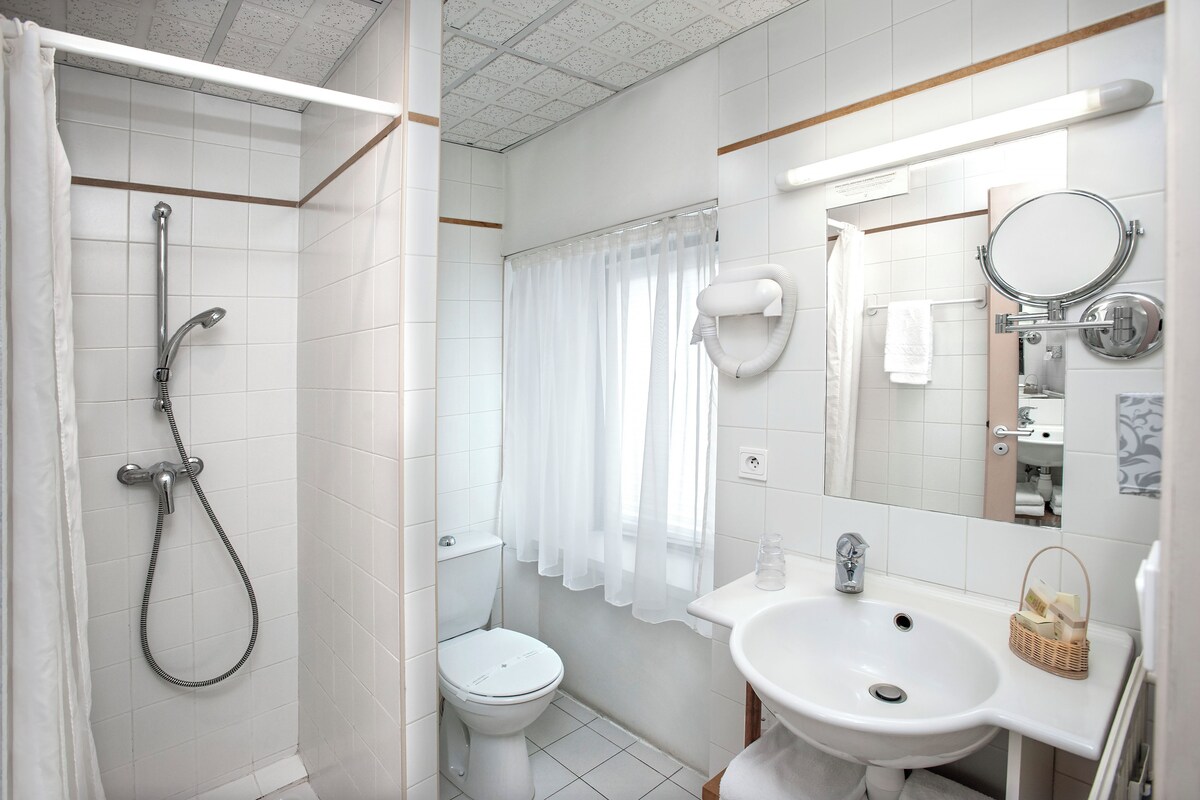 A bathroom with a shower, toilet, sink, and mirror.