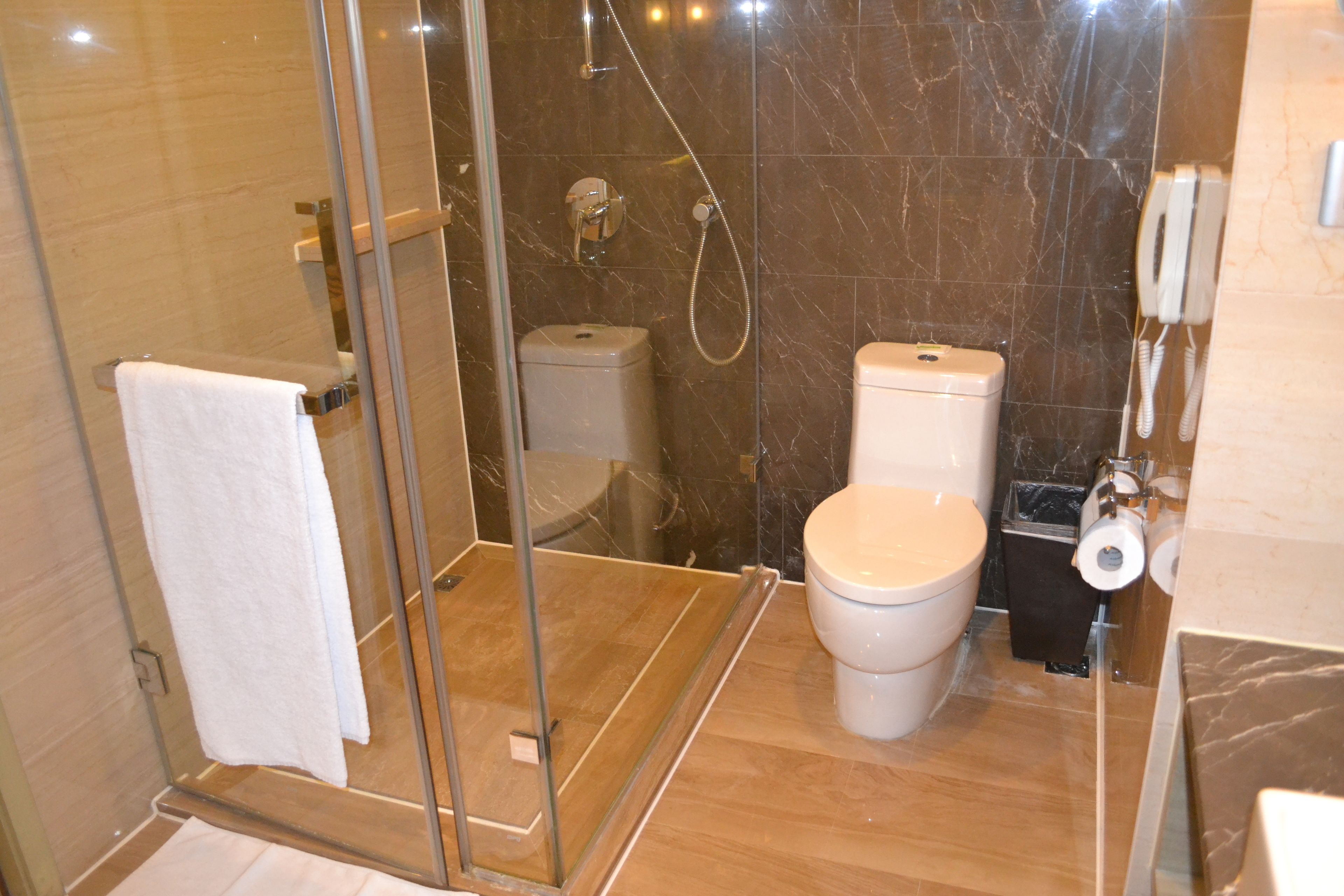 A modern bathroom with a glass-enclosed shower, a toilet, and a bidet.