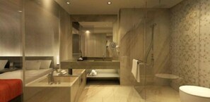 Combined shower/tub, deep soaking tub, free toiletries, hair dryer