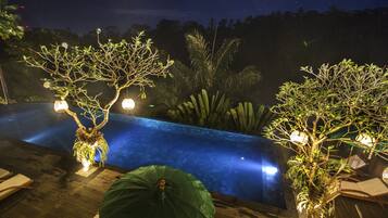 Una piscina infinita con un muelle de madera, rodeada de exuberante vegetación y árboles decorativos.
