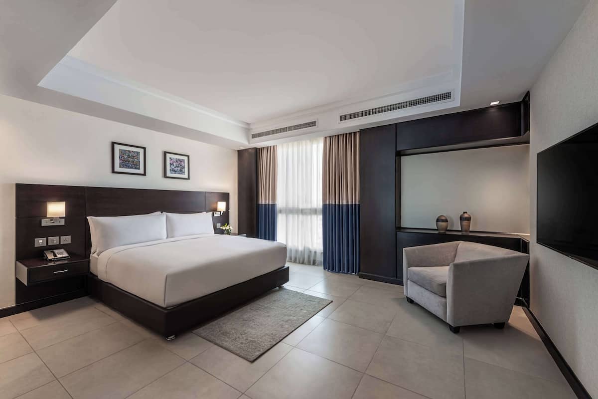 A modern hotel room with a large bed, bedside tables with lamps, a flat-screen TV, a seating area, and a large window with curtains.