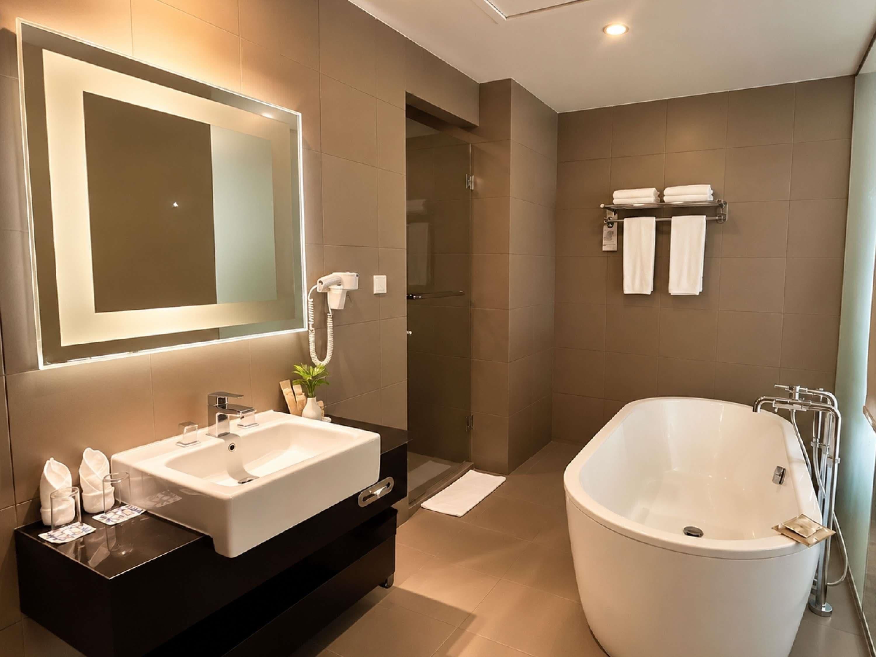 A modern bathroom with a large bathtub, a vanity with a mirror, and a shower area.