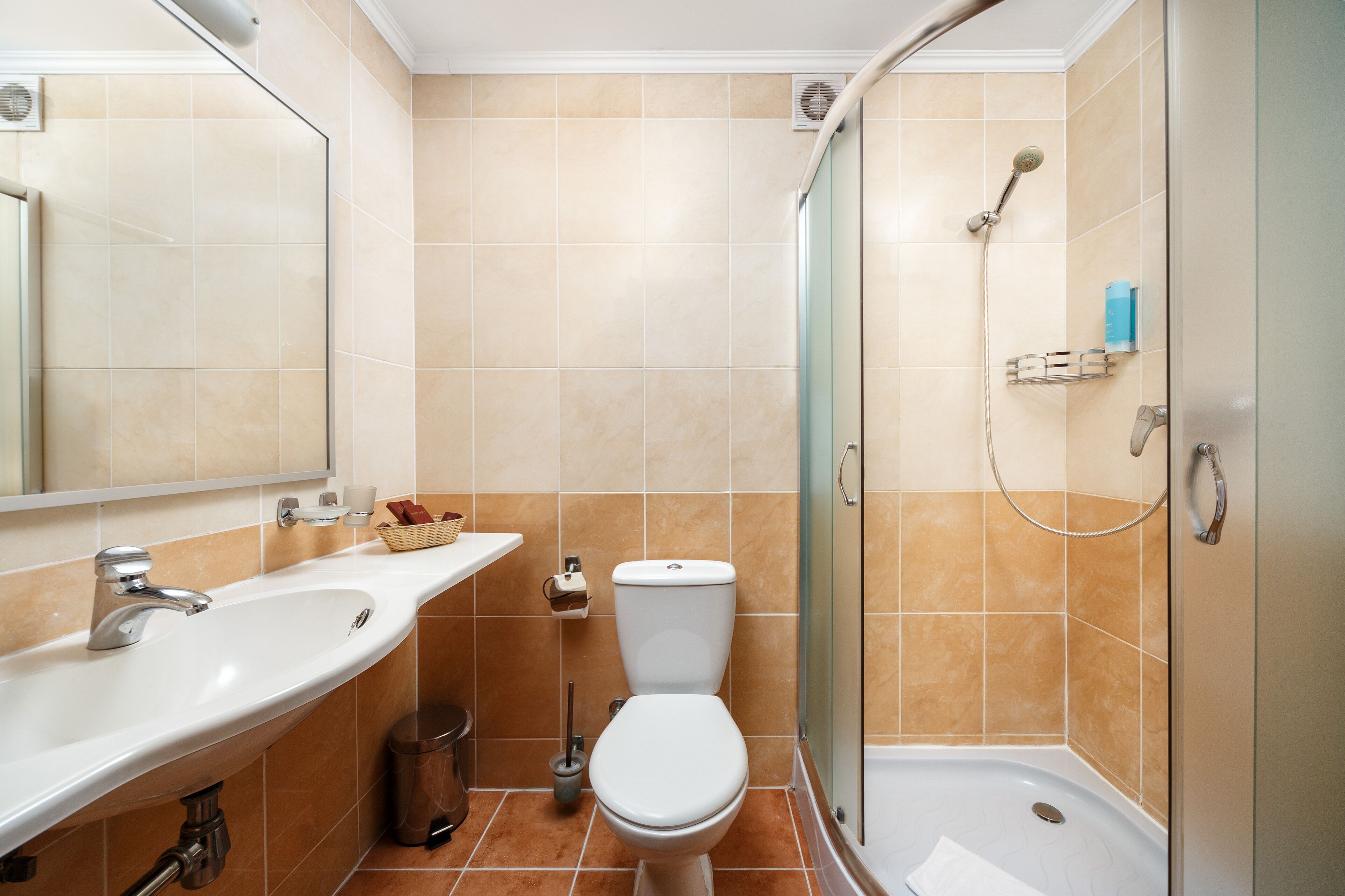 A bathroom with a sink, toilet, and shower.