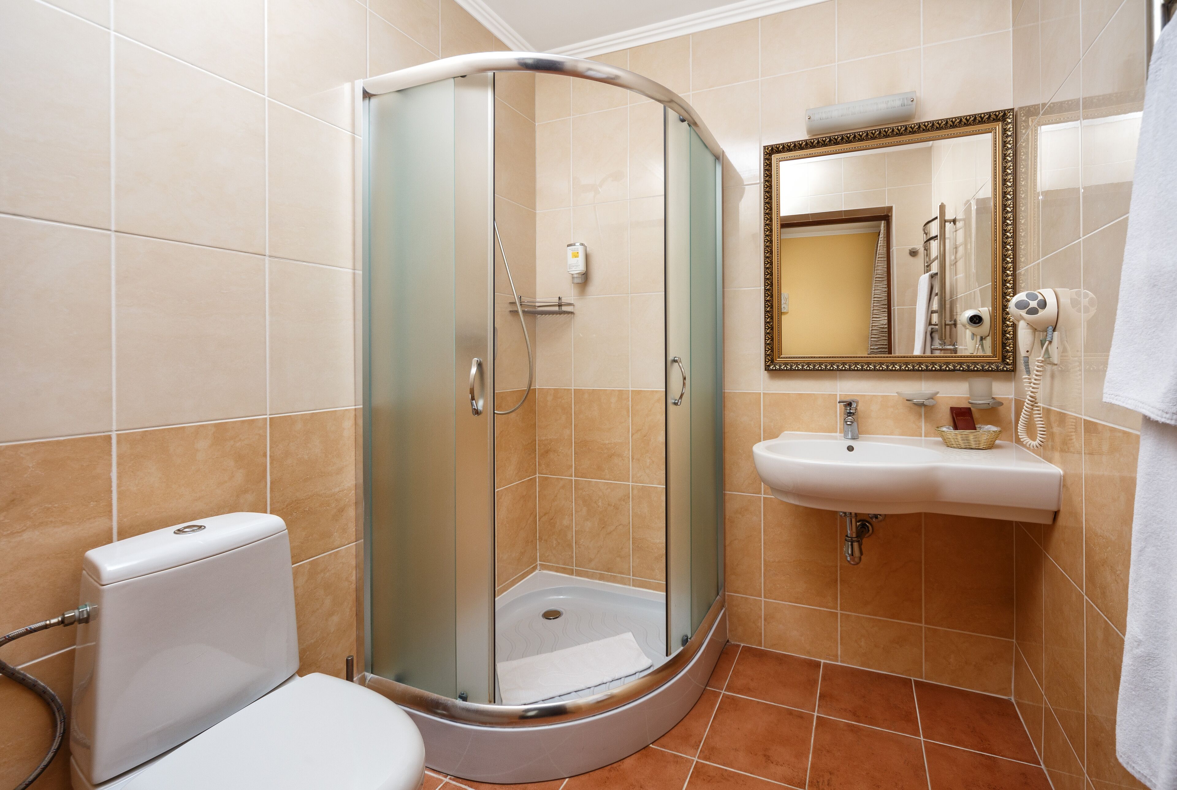 A bathroom with a glass-enclosed shower, a toilet, a sink, and a mirror.