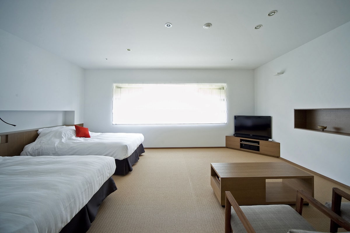 Een moderne hotelkamer met twee bedden, een televisie, een tafeltje en een raam dat voor natuurlijk licht zorgt.