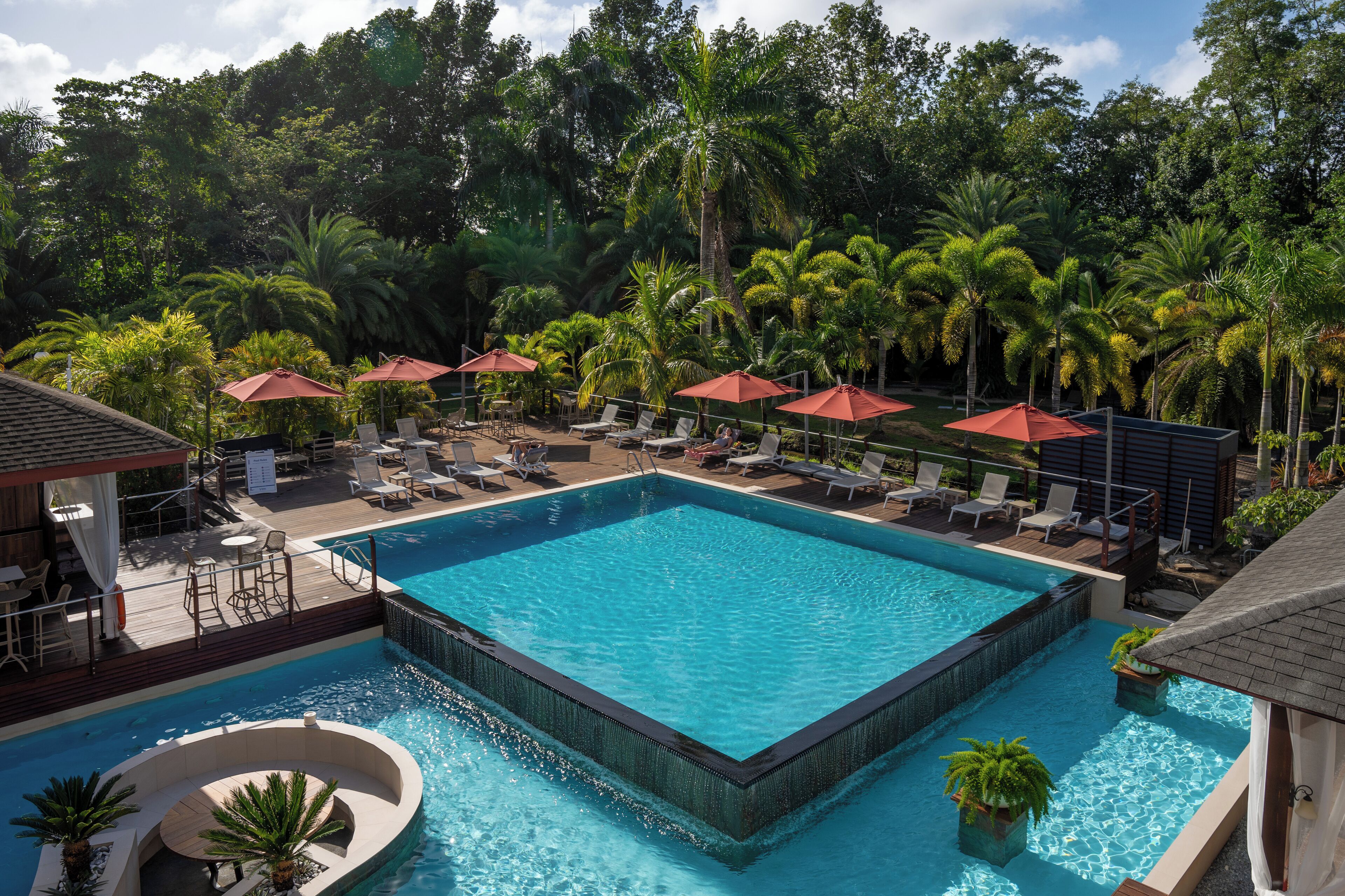 Outdoor pool, pool umbrellas, pool loungers