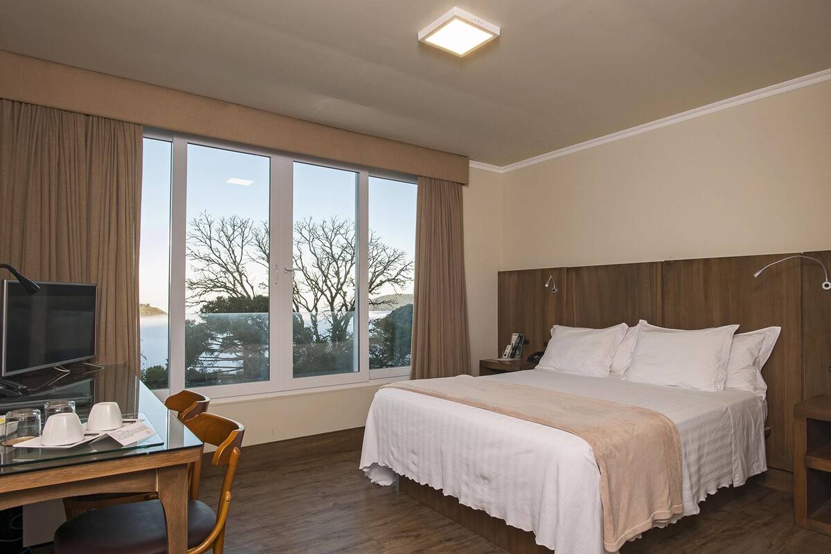 A hotel room with a large bed, a desk with a TV, and a view of trees through the window.