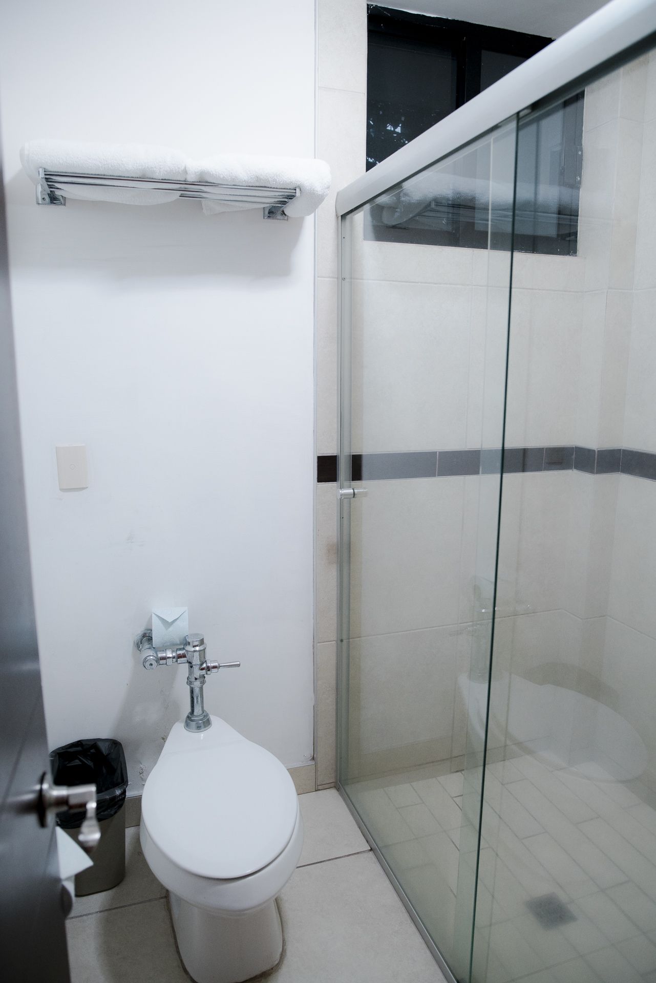 A small, modern bathroom with a toilet, a glass shower enclosure, and a towel rack.