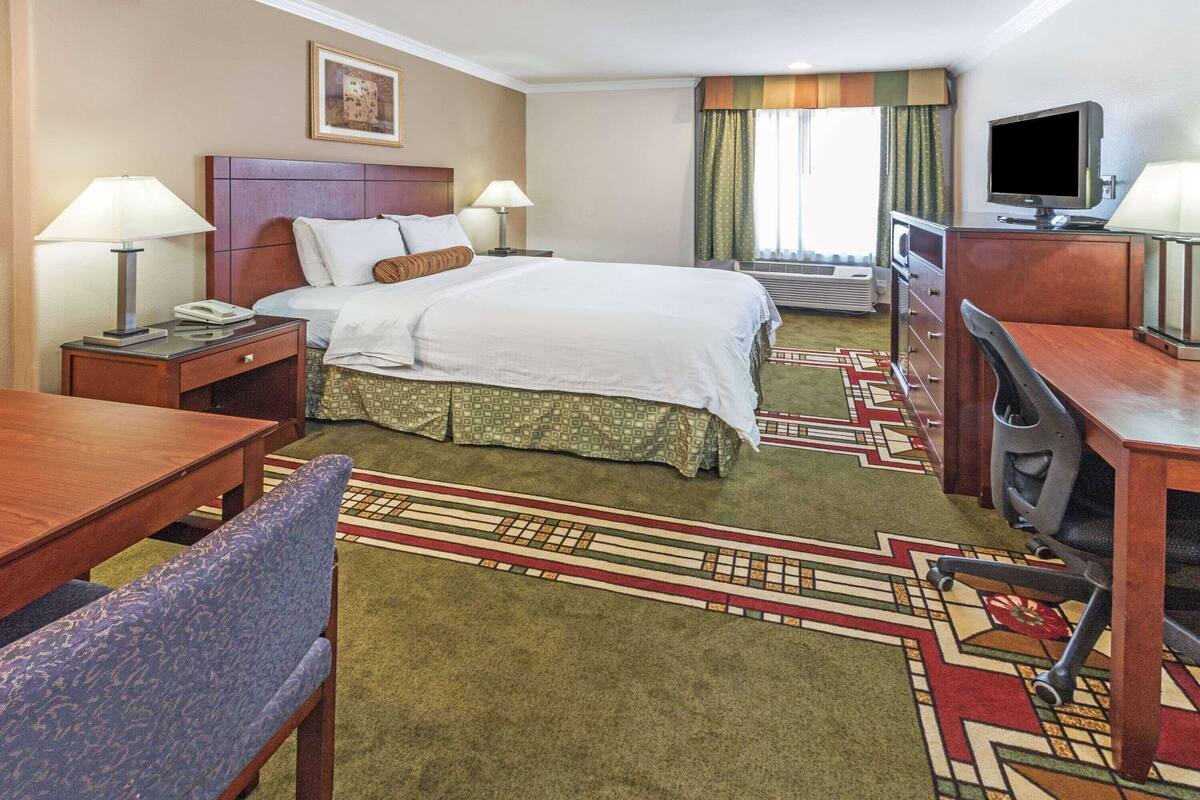 Hotellihuone, jossa on sänky, työpöytä, tuoli, televisio ja kuviollinen matto.