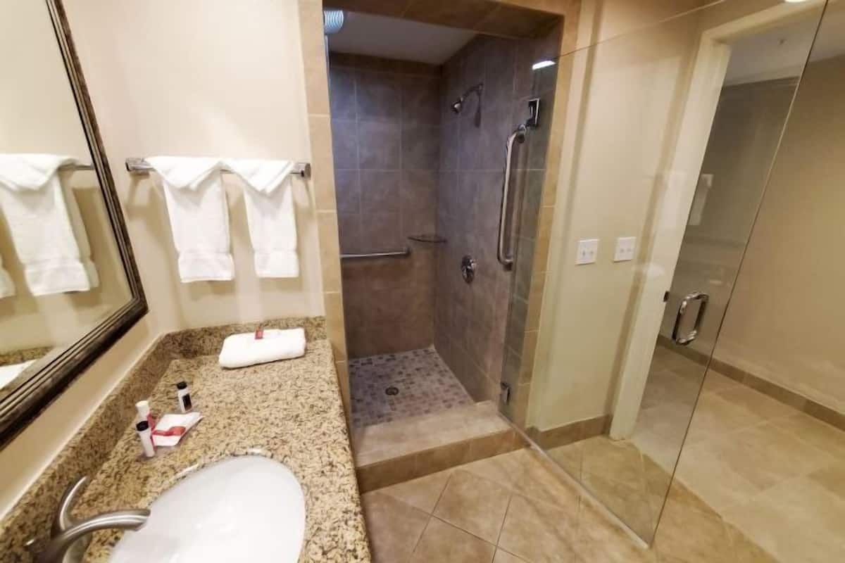 Bathroom | Combined shower/tub, free toiletries, hair dryer, towels