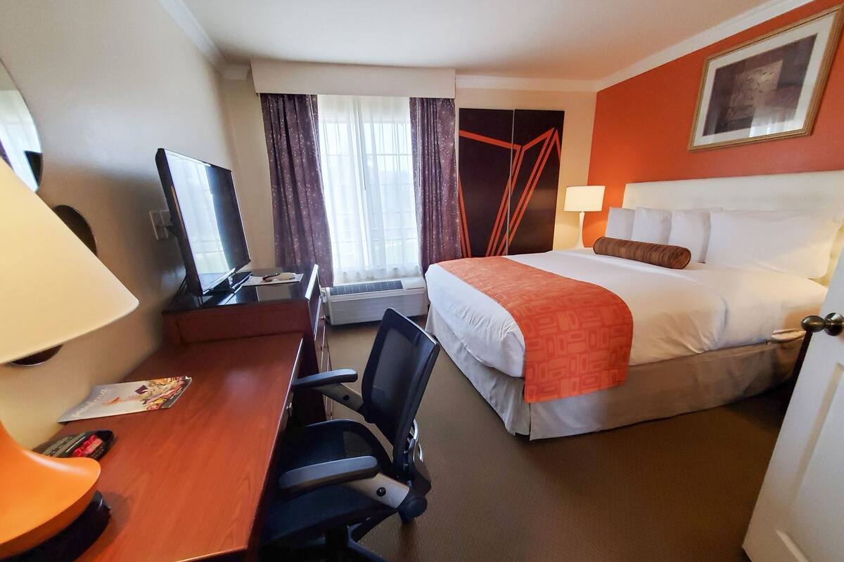 A hotel room with a bed, desk, chair, television, and a window with curtains.