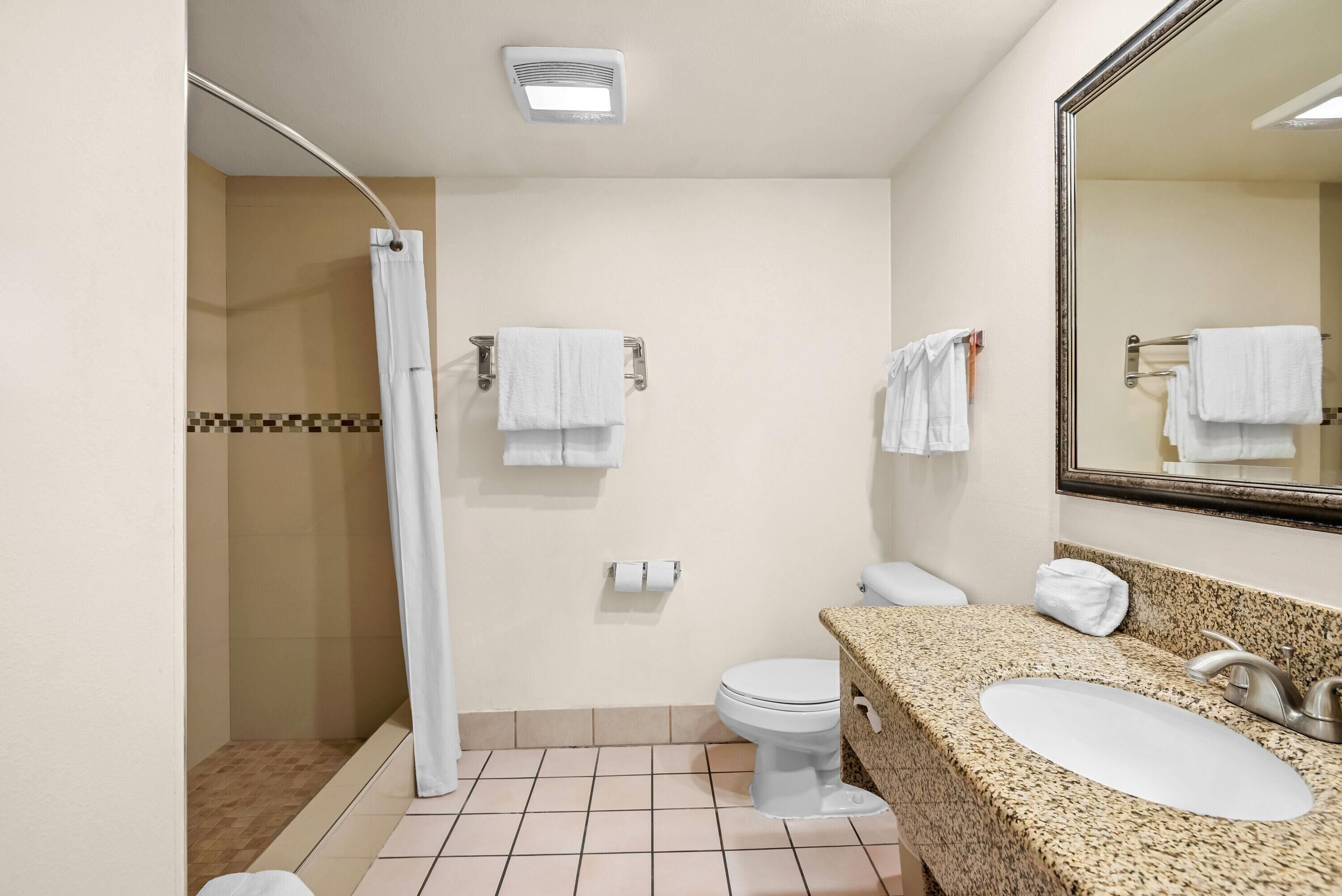 A bathroom with a shower, toilet, sink, and a mirror.