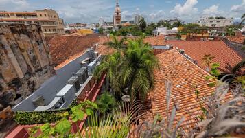 A rooftop with terracotta tiles, a palm tree, and a distant view of a cityscape with a prominent tower.