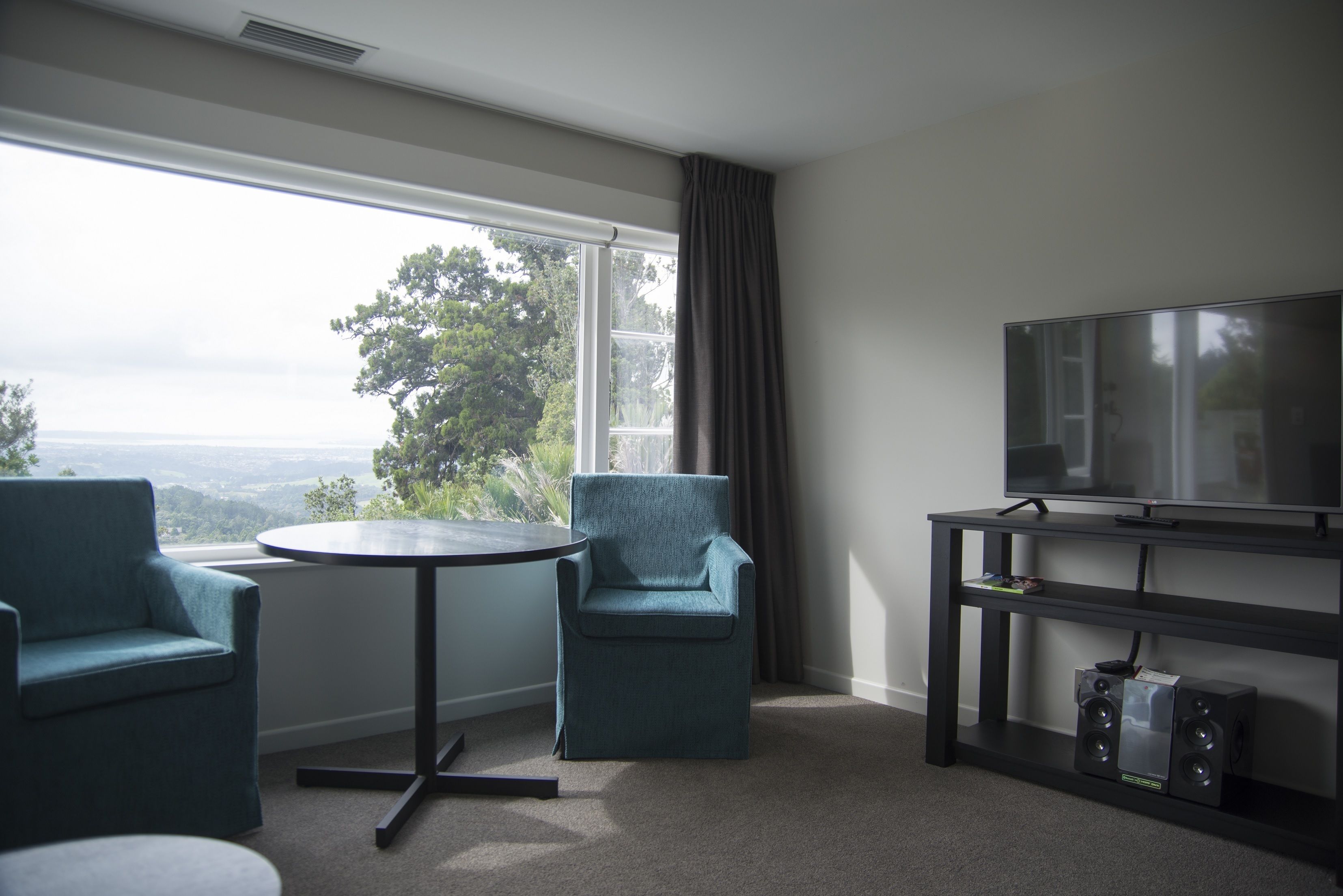 A room with a large window, two chairs, a small table, a TV on a stand, and a carpeted floor.