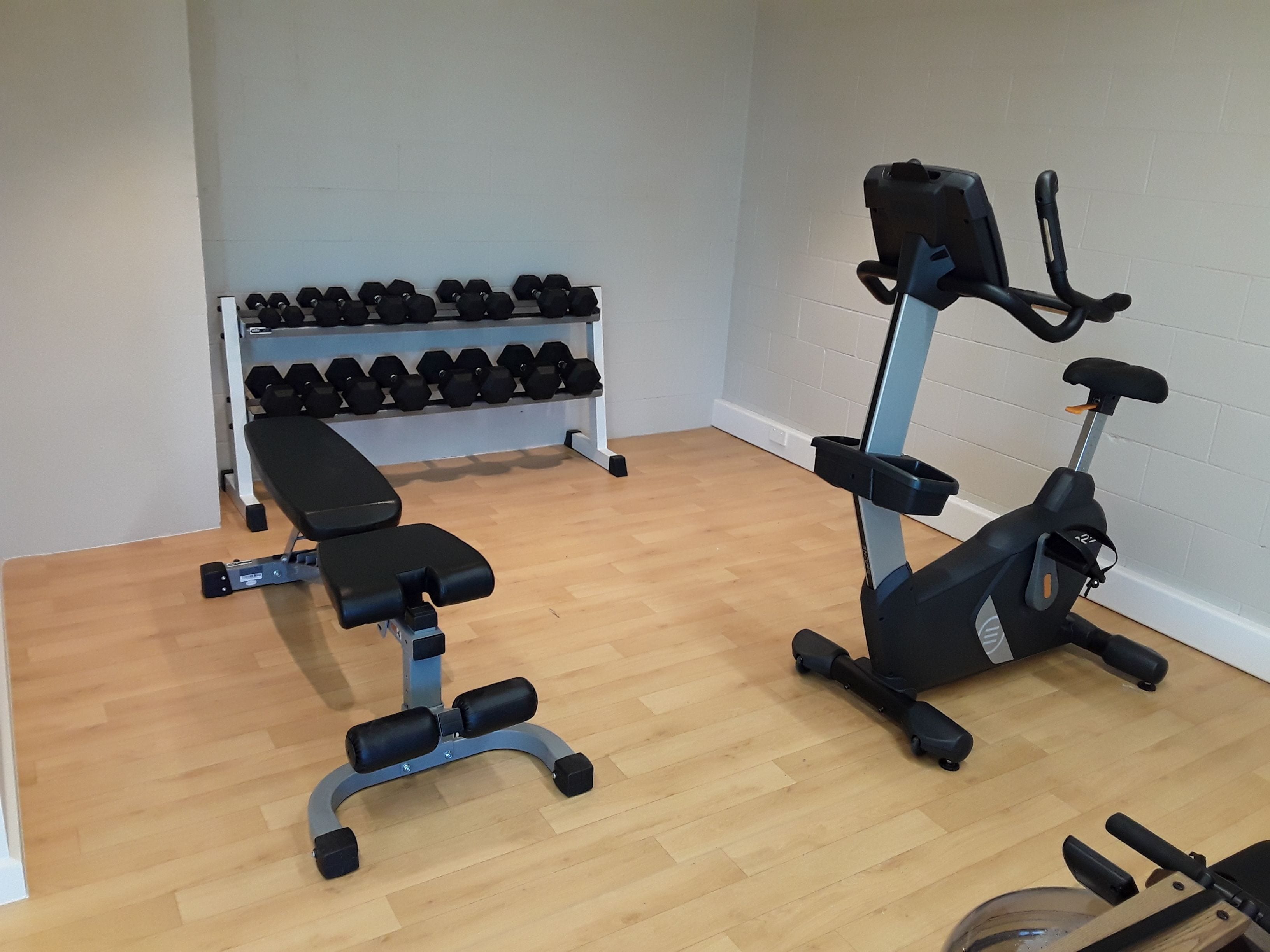A gym with a bench, dumbbells, and an exercise bike.