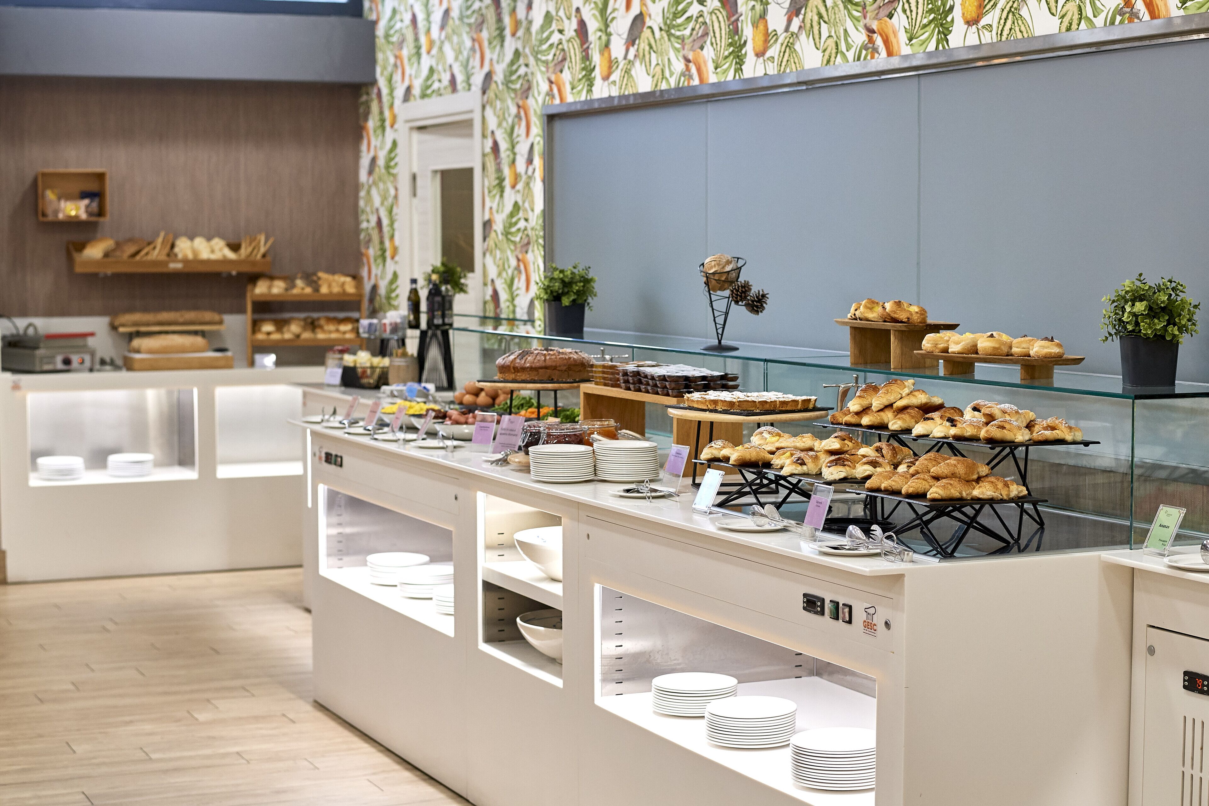 Mostrador de una panadería con diversas opciones de panadería y una exhibición de panes.